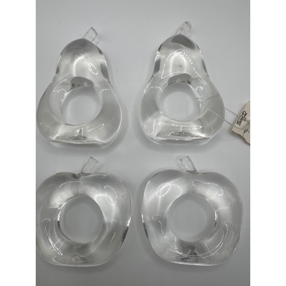 Vintage Three D Clear Acrylic Fruit Napkin Rings Set of 4 Apple Pear Lucite